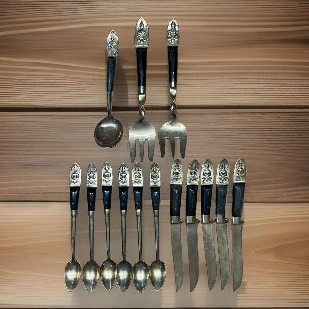 VTG 1950s SIAM THAILAND Flatware Service Brass Rosewood 14 Pcs Buddha Mekkala